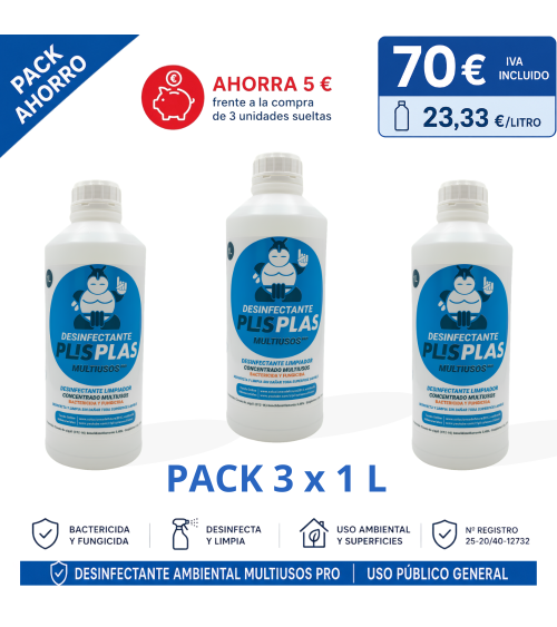 Pack ahorro 3 x 1 L Desinfectante Plis Plas Multiusos Pro 70 euros IVA incluido uso público general
