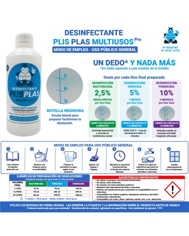 Modo de empleo del Desinfectante Plis Plas Multiusos Pro para uso público general con disoluciones al 2,5 %, 5 % y 10 %