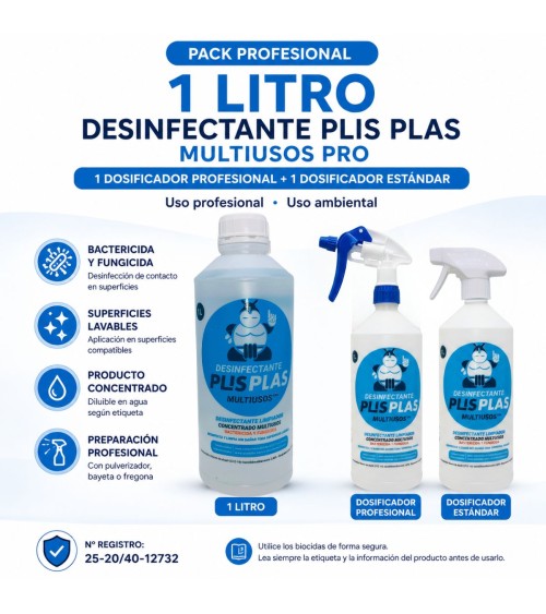 Pack profesional Desinfectante Plis Plas Multiusos Pro 1 litro con dosificador profesional y estándar