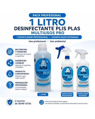 Pack profesional Desinfectante Plis Plas Multiusos Pro 1 litro con dosificador profesional y estándar