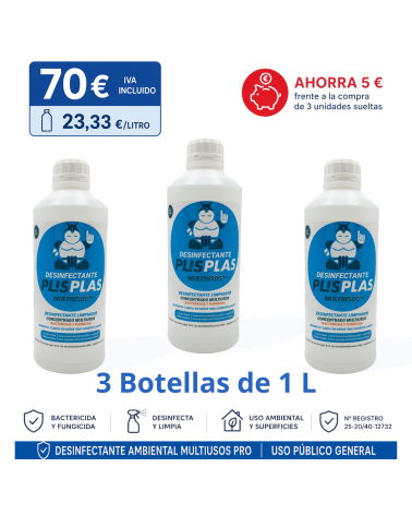Pack de 3 botellas de 1 L de Desinfectante PLIS PLAS Multiusos Pro por 70 € – Ahorra 5 €