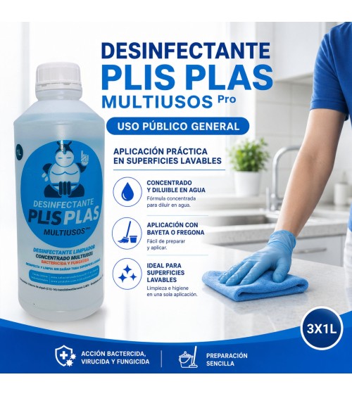 Aplicación del pack de 3 botellas de 1 L de Desinfectante PLIS PLAS Multiusos Pro en superficies lavables – Uso público general