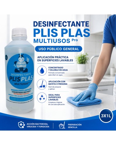 Aplicación del pack de 3 botellas de 1 L de Desinfectante PLIS PLAS Multiusos Pro en superficies lavables – Uso público general