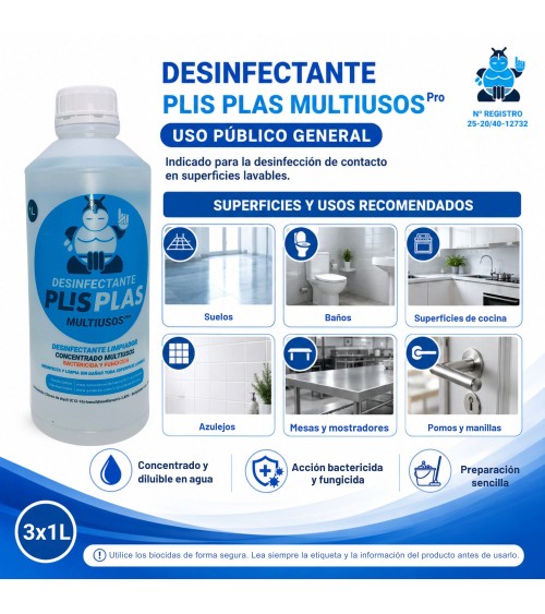Superficies y usos recomendados del pack de 3 botellas de 1 L de Desinfectante PLIS PLAS Multiusos Pro – Uso público general