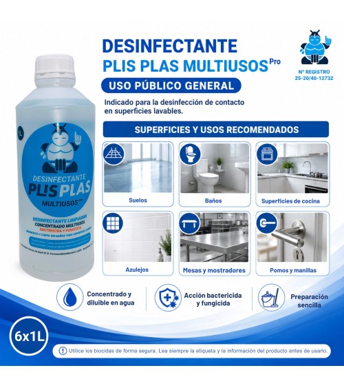 Superficies y usos recomendados del pack de 6 botellas de 1 L de Desinfectante PLIS PLAS Multiusos Pro – Uso público general