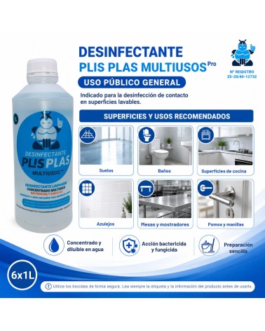 Superficies y usos recomendados del pack de 6 botellas de 1 L de Desinfectante PLIS PLAS Multiusos Pro – Uso público general