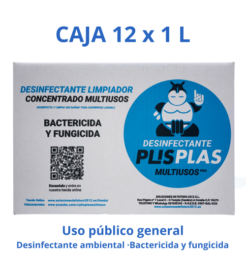 Caja de 12 botellas de 1 L de Desinfectante PLIS PLAS Multiusos Pro – Vista frontal del embalaje