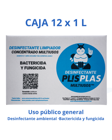 Caja de 12 botellas de 1 L de Desinfectante PLIS PLAS Multiusos Pro – Vista frontal del embalaje